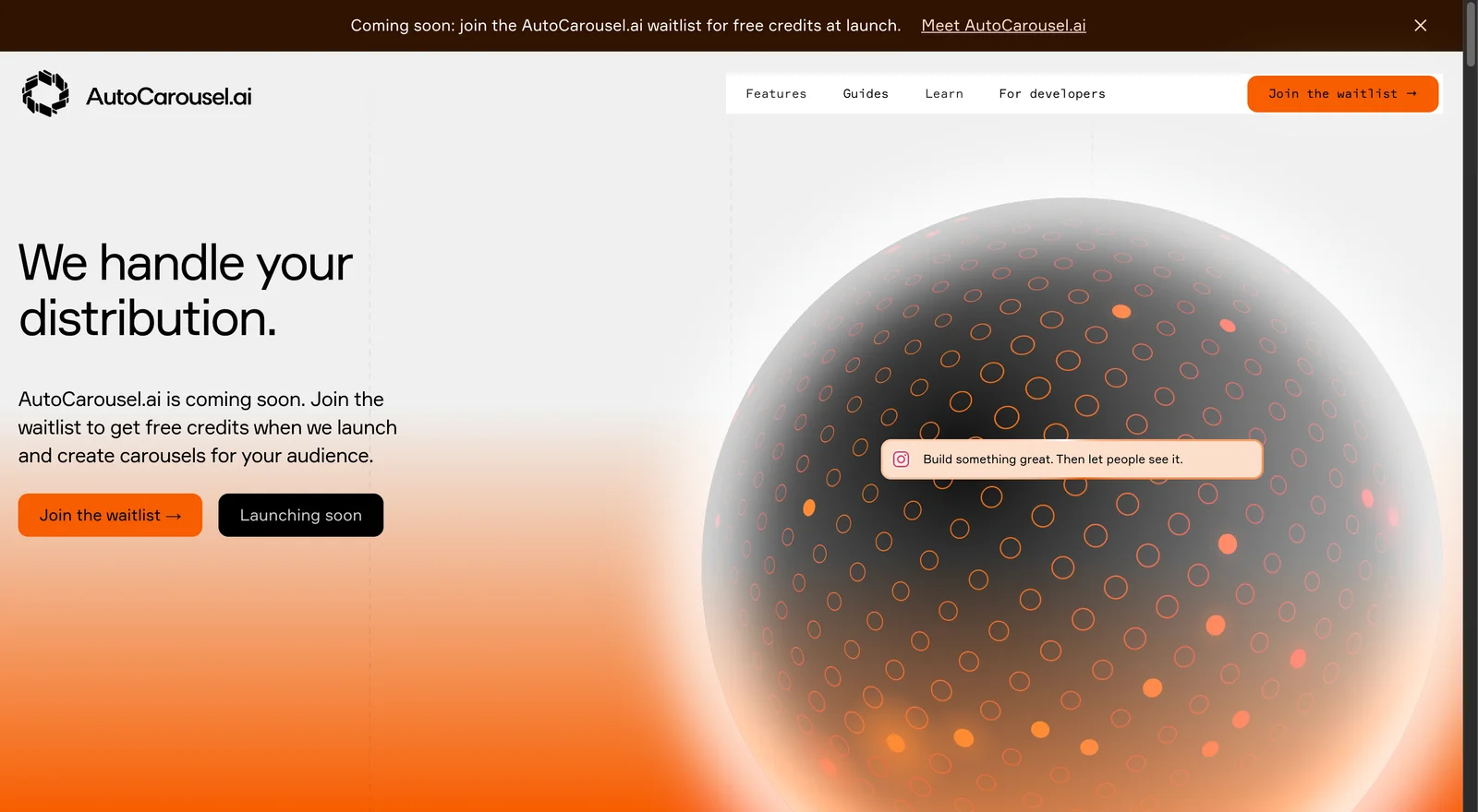 AutoCarousel.ai’s carousel creation waitlist website.