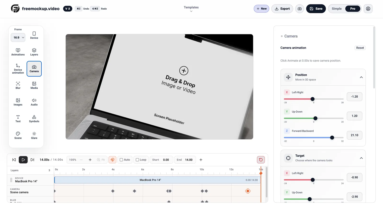 The freemockup.video editor with a 3D laptop, camera controls and an animation timeline.